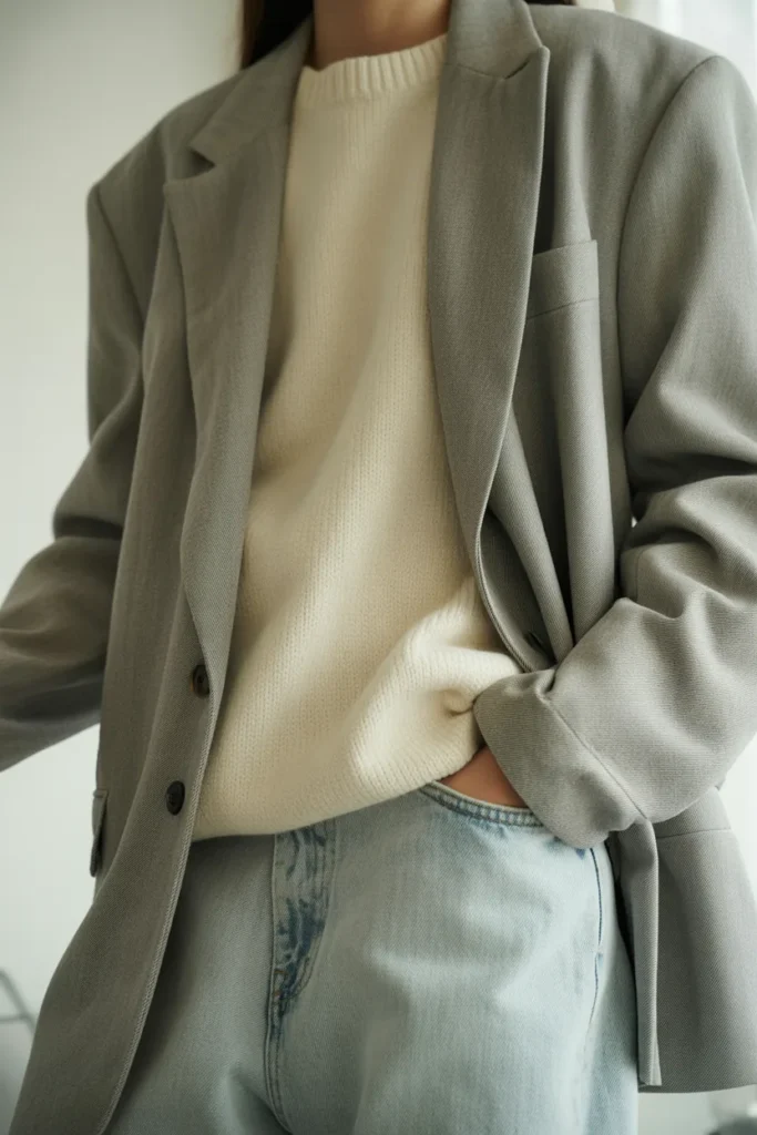 Stone Gray Blazer with Cream Knit Top and Soft Denim