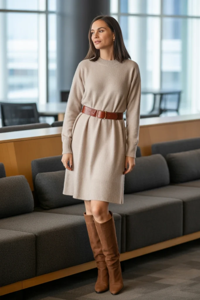 Sweater Dress with Belt and Boots
