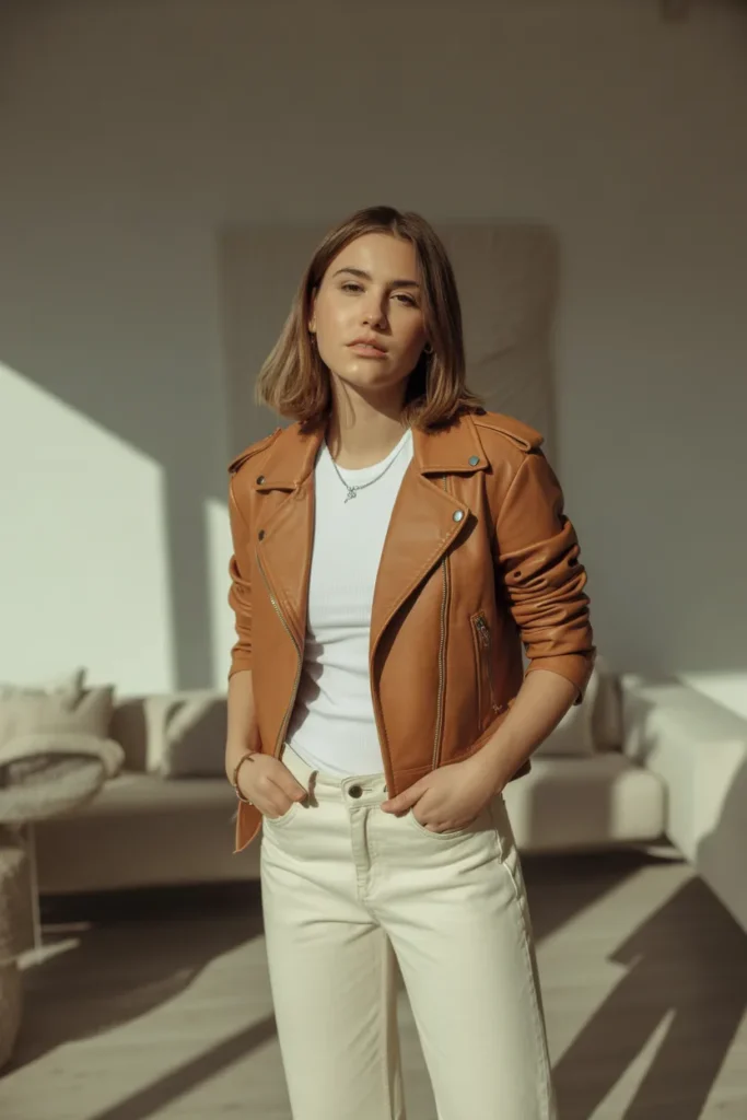 Tan Leather Jacket with Off-White Jeans