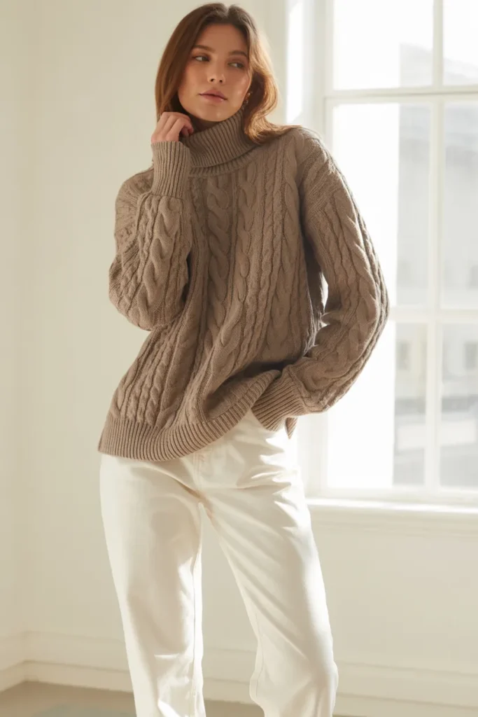 Taupe Knit Sweater with White Jeans