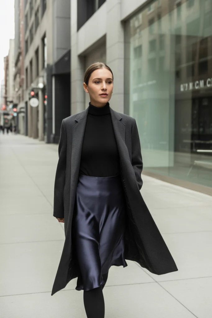 Turtleneck and Slip Skirt with Coat