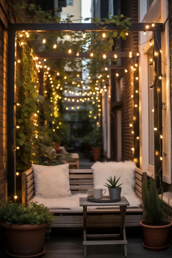 Use String Lights for Warmth and Height - Tiny Patio Ideas