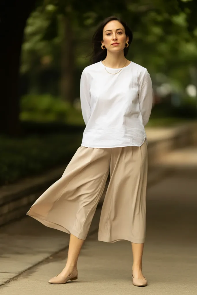 White Blouse with Beige Culottes