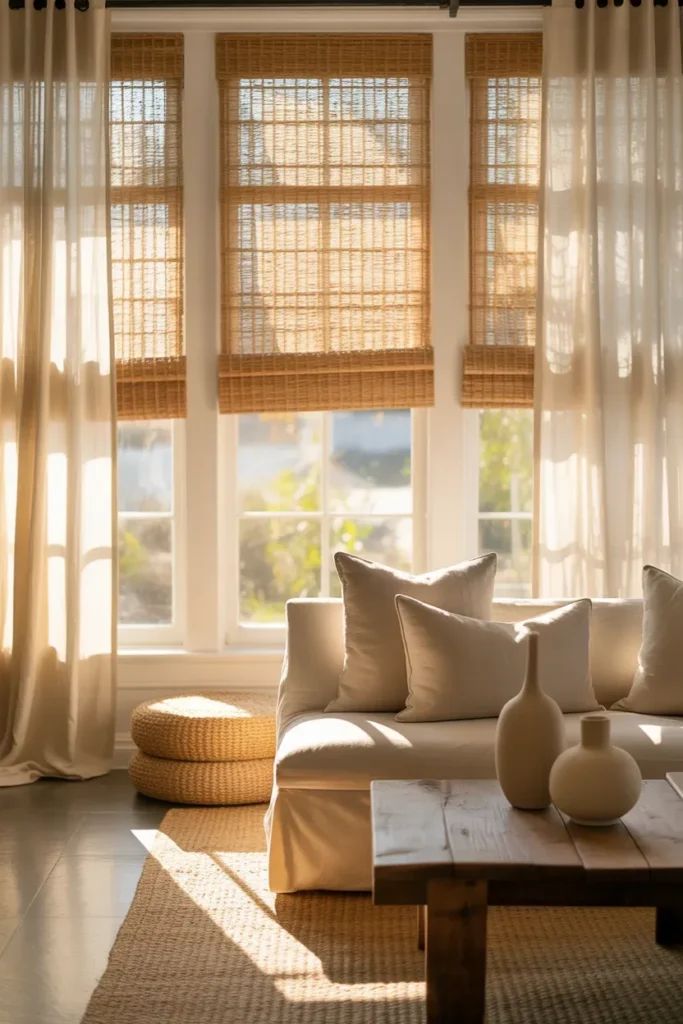 Woven Shades with Light Curtains - Living Room Curtain Ideas