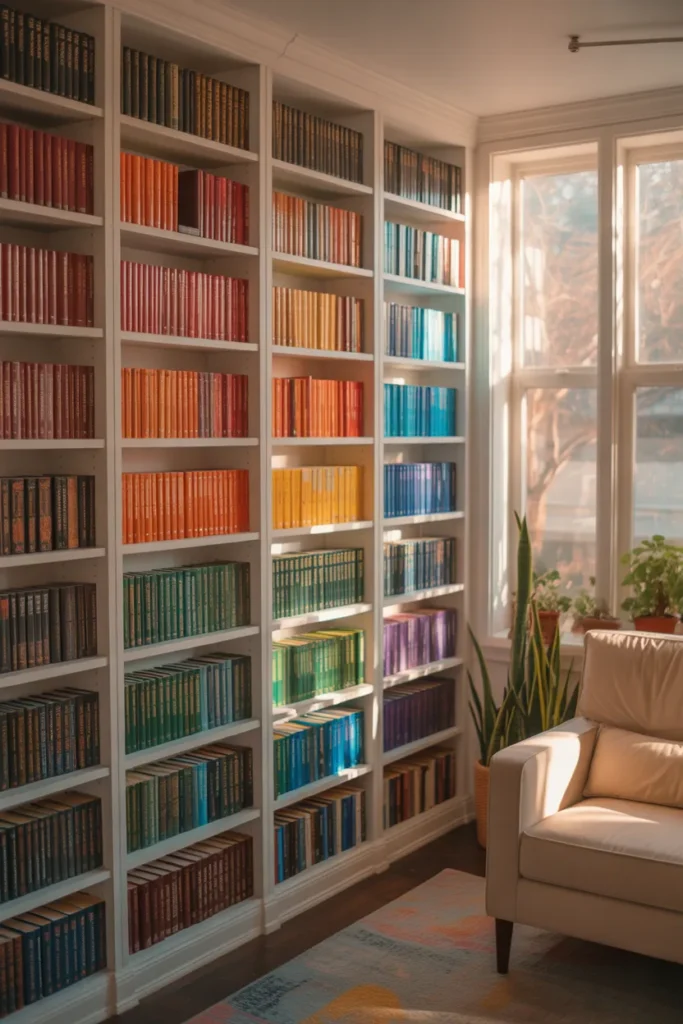 Color-Coordinated Library Shelves - Library Room Ideas