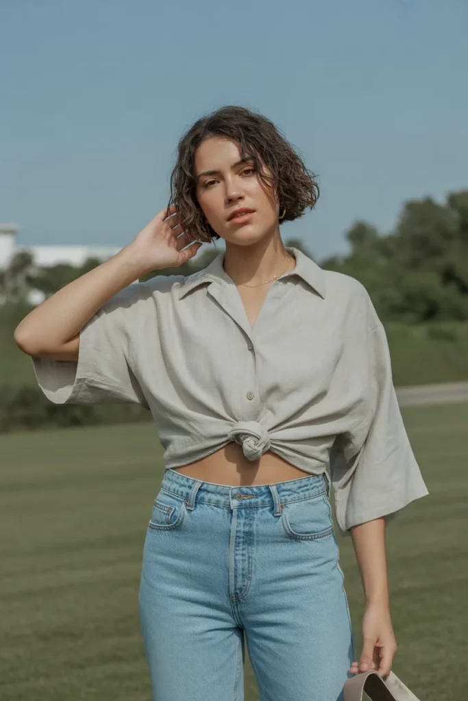 Cropped Linen Shirt with High-Waisted Jeans