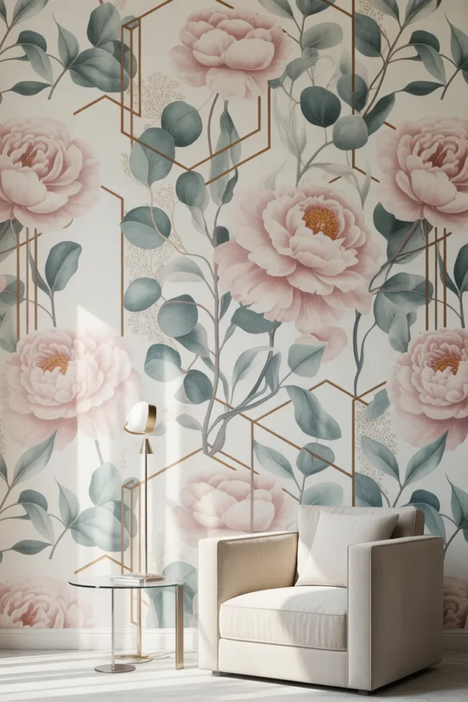 Floral Wallpaper with Geometric Elements