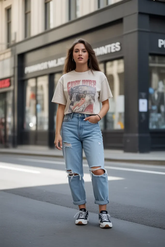 Graphic Tee with Distressed Jeans