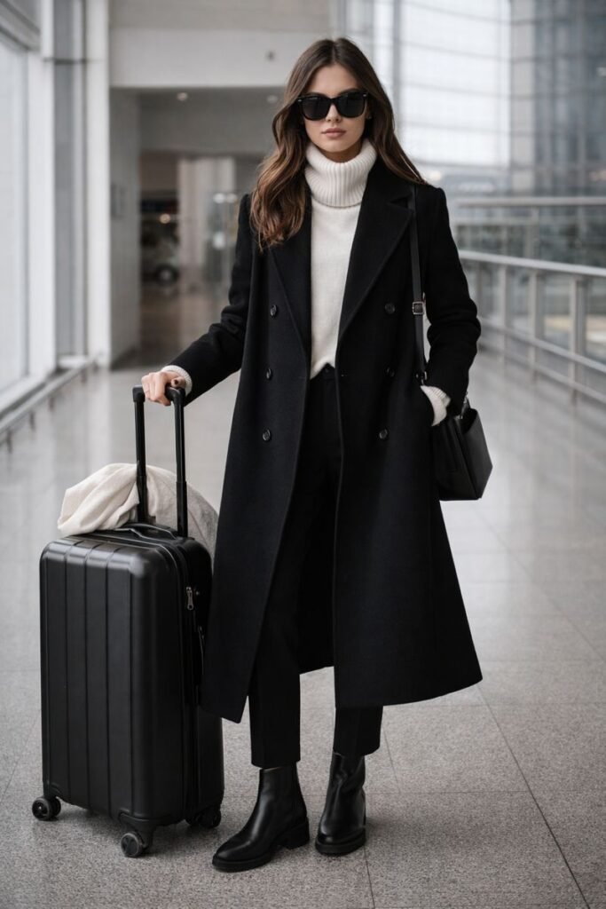 Monochrome Layered Look With Statement Coat - winter airport outfit inspo