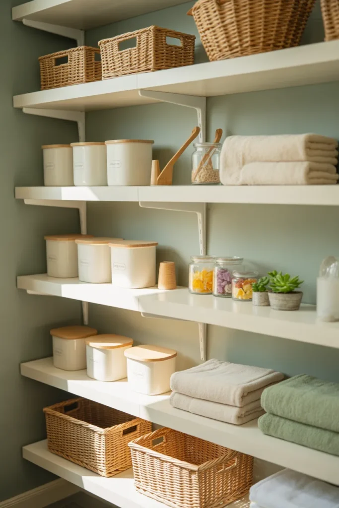 Open Shelving with Matching Containers - Laundry Room Ideas