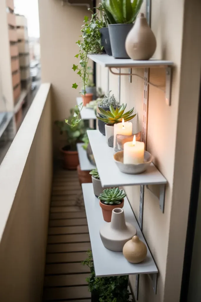 Use Wall-Mounted Shelves - Balcony Apartment Ideas