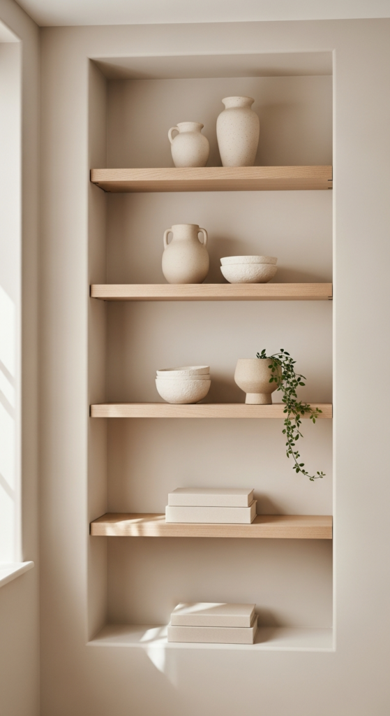 Beige Open Shelving Displays - Beige Aesthetic Ideas