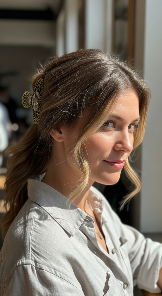 Low Ponytail With Statement Hair Clip - casual hairstyles with accessories Ideas 