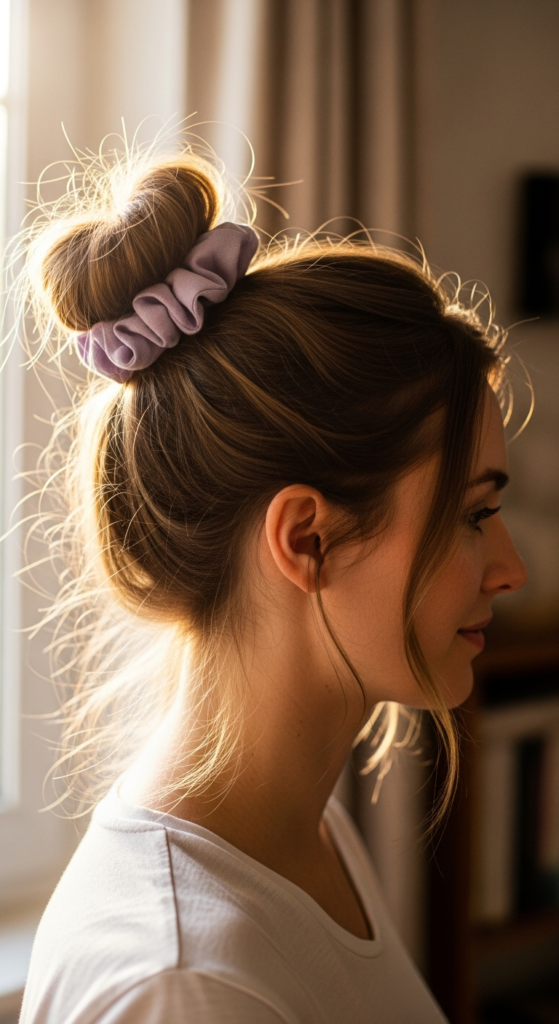 Messy Bun With Scrunchie - casual hairstyles with accessories Ideas 