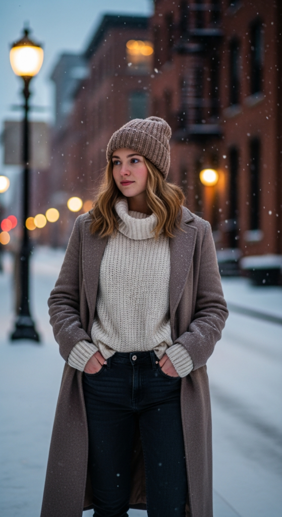 Turtleneck Sweater With Long Wool Coat - layered winter outfit ideas