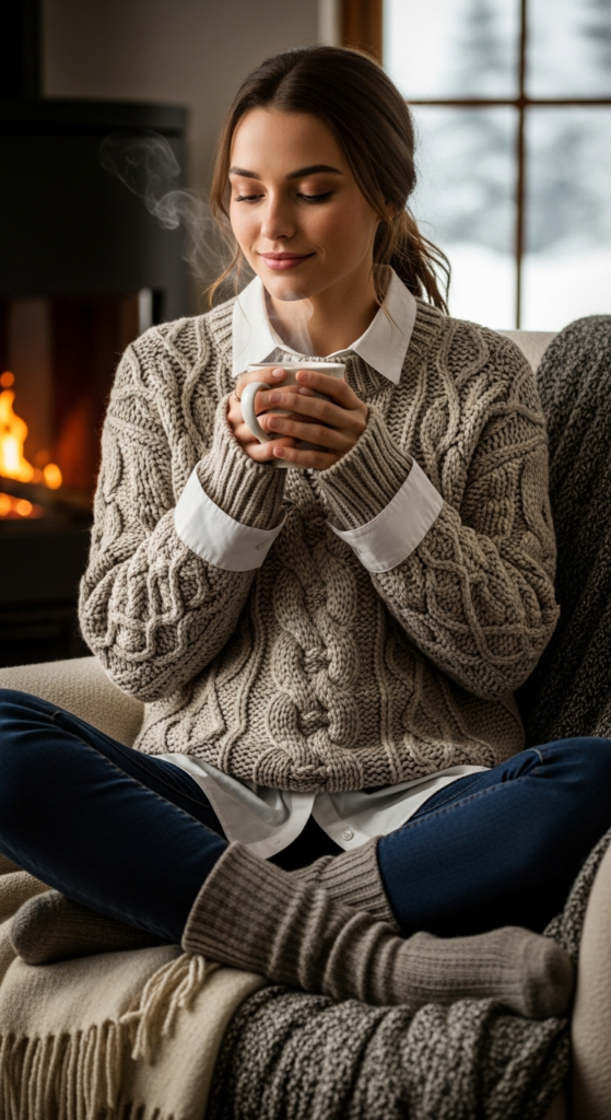 Chunky Knit Sweater Over Button-Down Shirt