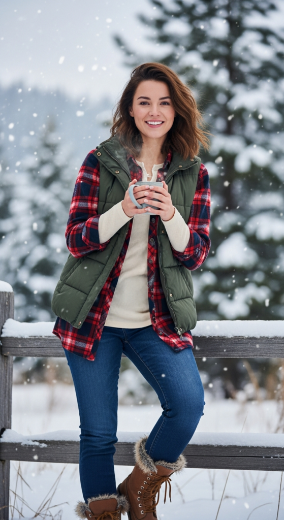 Thermal Top With Flannel Shirt and Puffer Vest - layered winter outfit ideas