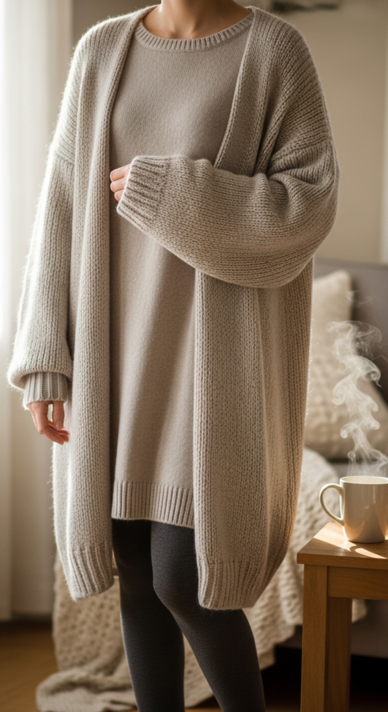 Knit Dress With Tights and Oversized Cardigan