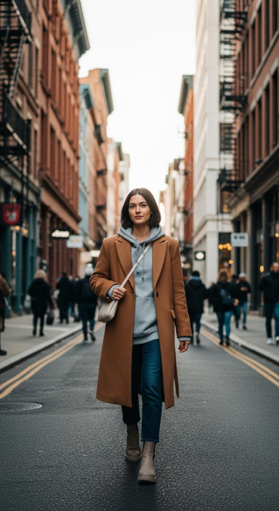 Hoodie Layered Under a Structured Coat