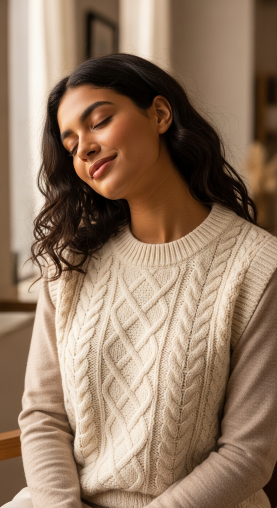 Sweater Vest Over Long-Sleeve Top