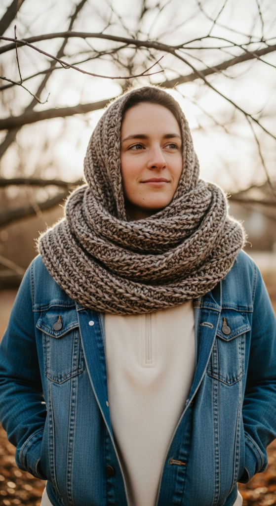 Base Layer Top With Denim Jacket and Scarf