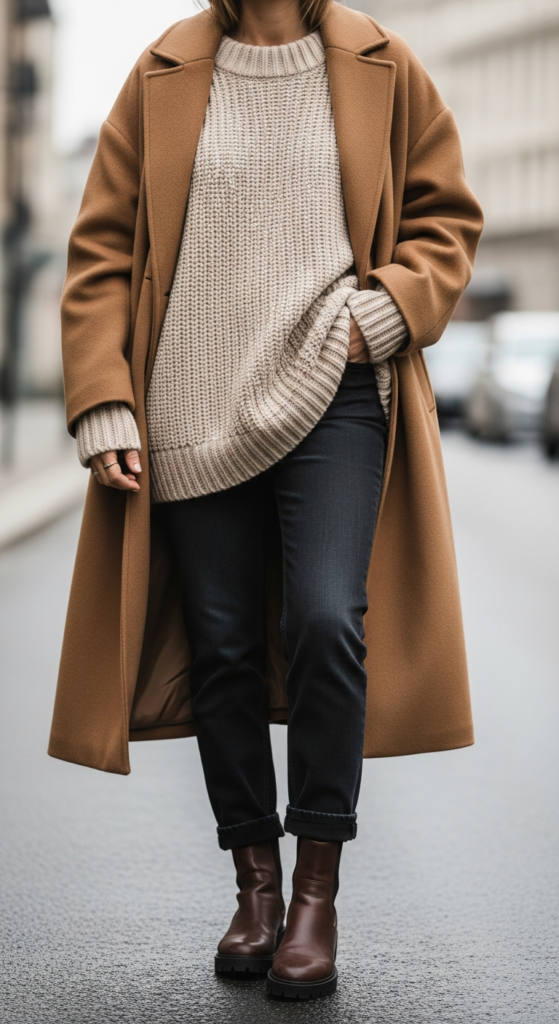 Oversized Sweater With Long Coat and Boots