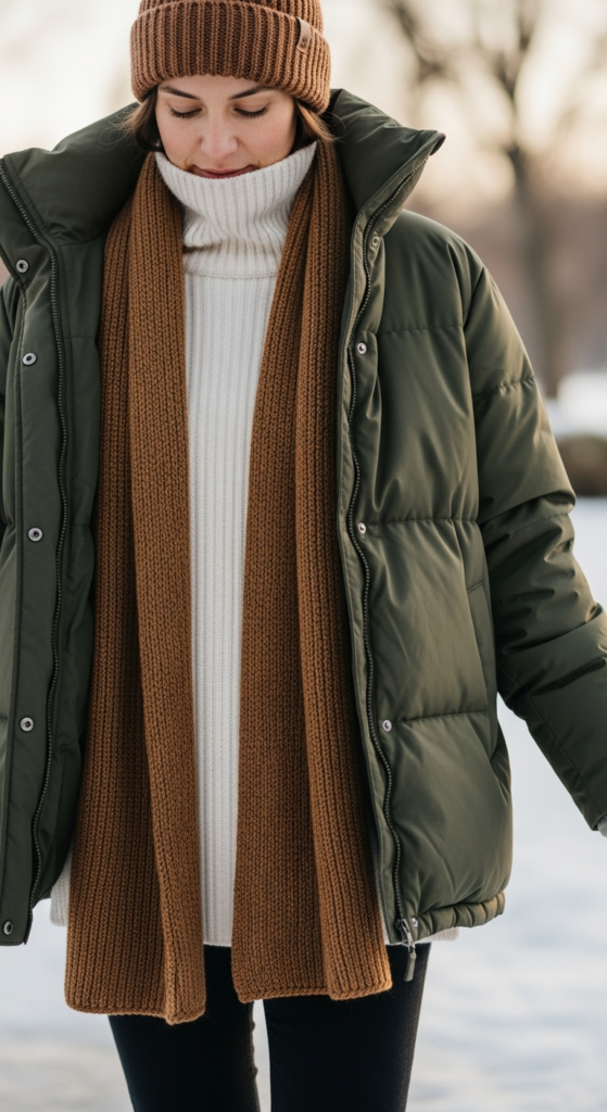 Base Layer With Sweater and Puffer Jacket - layered winter outfit ideas