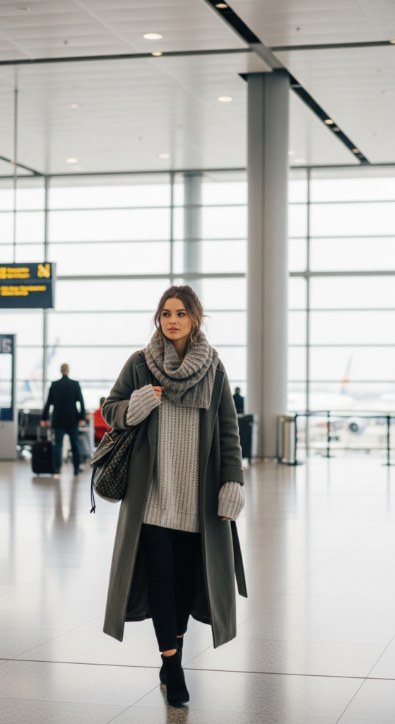 Oversized Sweater With Leggings and Long Coat - winter airport outfit inspo