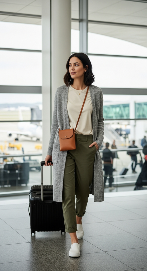 Long Cardigan With Basic Tee and Trousers