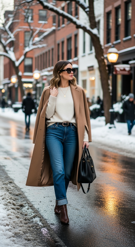Cashmere Sweater With Straight-Leg Jeans and Coat