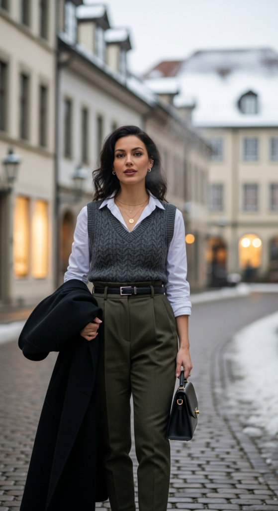 Button-Down Shirt With Knit Vest and Trousers