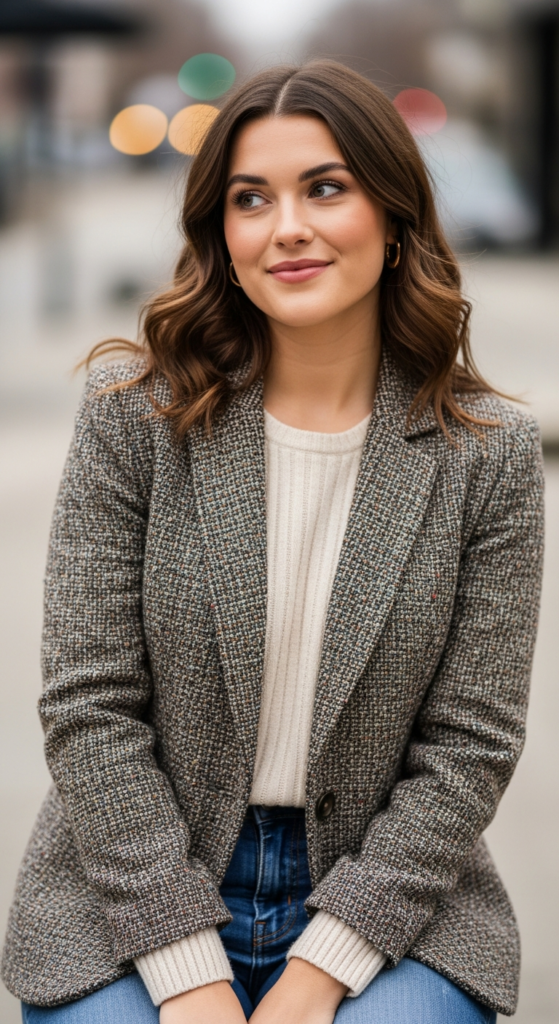 Tweed Blazer With Knit Top and Dark Denim