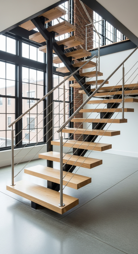 Open Riser Staircase With Metal Accents