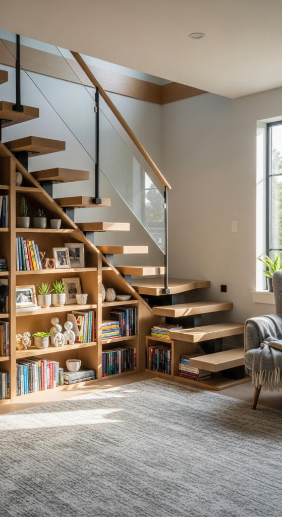 Staircase With Bookshelf Integration