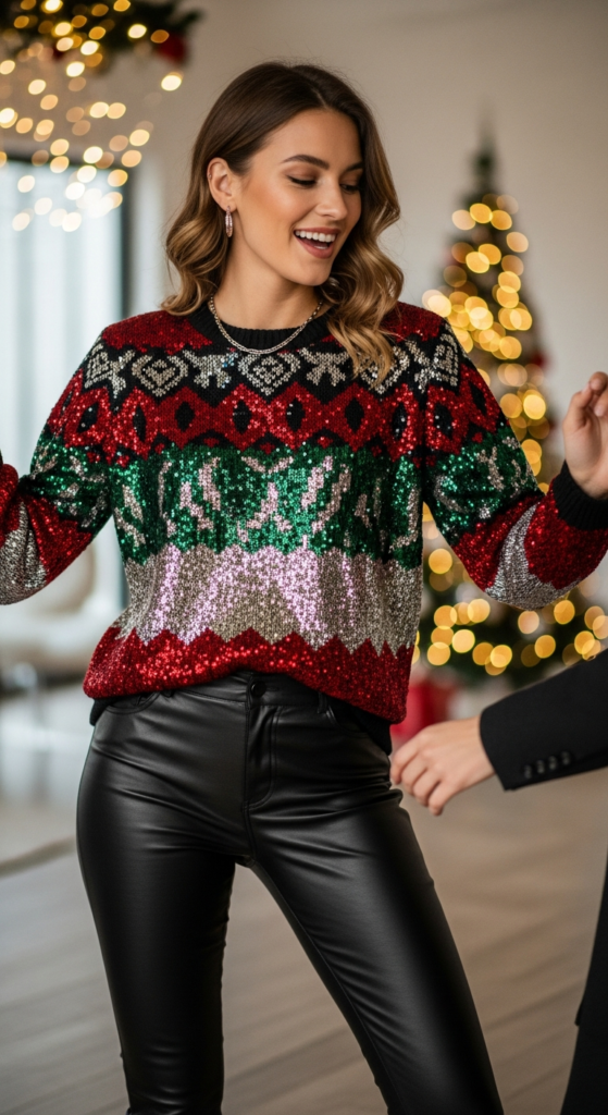 Statement Sweater With Leather Pants