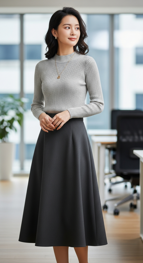 Midi Skirt With Fitted Knit Top - Chic Office Outfit Ideas