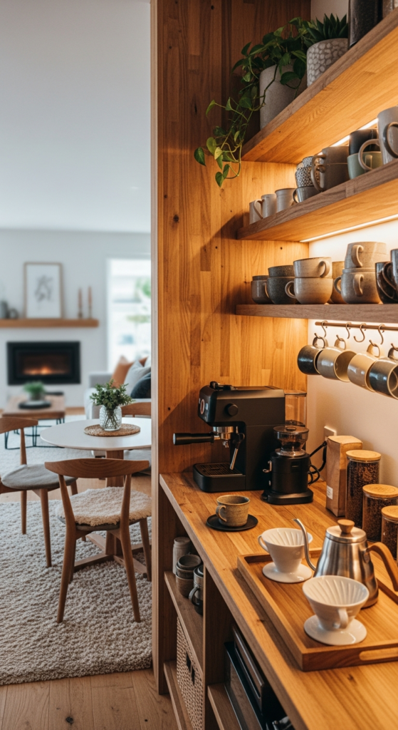 Cozy Corner Coffee Bar with Warm Wood Tones - Coffee Bar Ideas