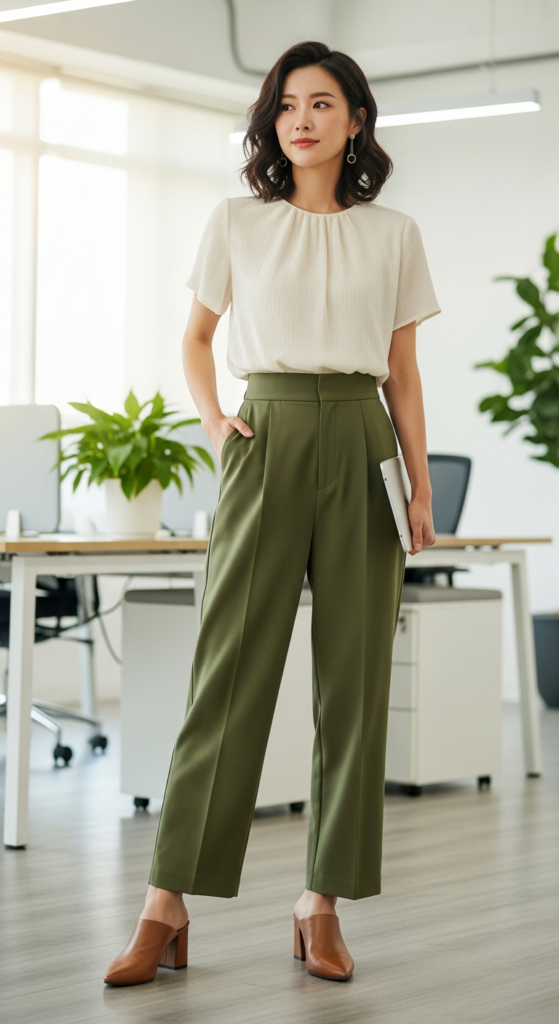 Short-Sleeve Blouse + Wide-Leg Pants + Mules