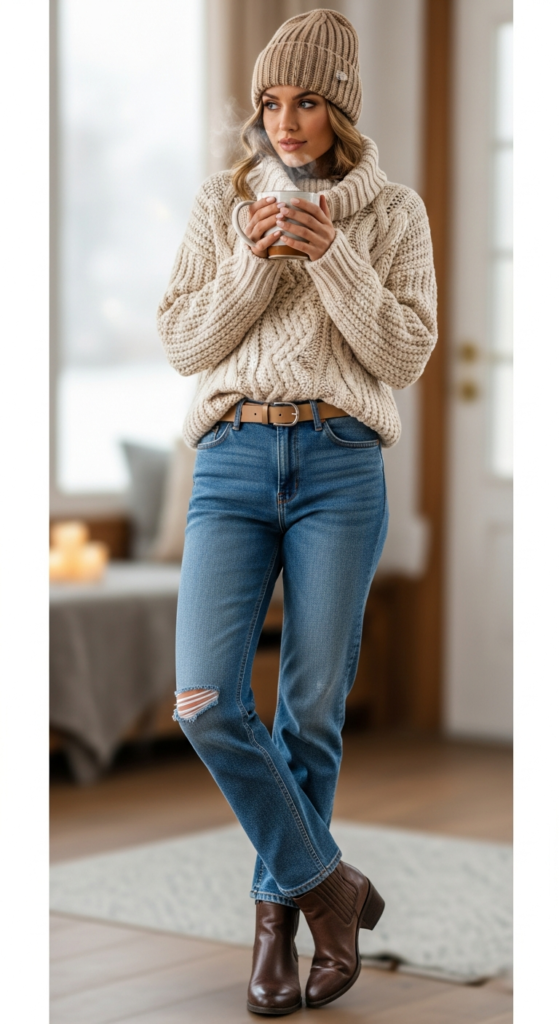 Knit Sweater + Straight-Leg Jeans + Ankle Boots - Cozy Winter Outfit Formulas