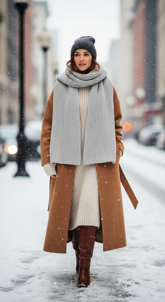 Long Coat + Knit Dress + Knee-High Boots