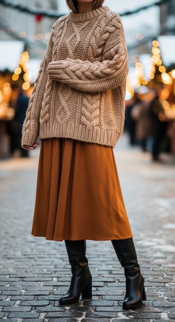 Chunky Knit + Midi Skirt + Tall Boots