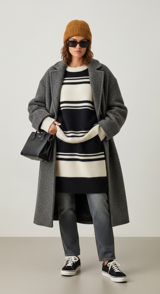 Sweater Set + Wool Coat + Sneakers