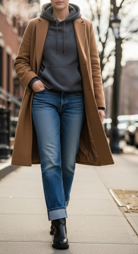 Hoodie + Longline Coat + Straight Jeans