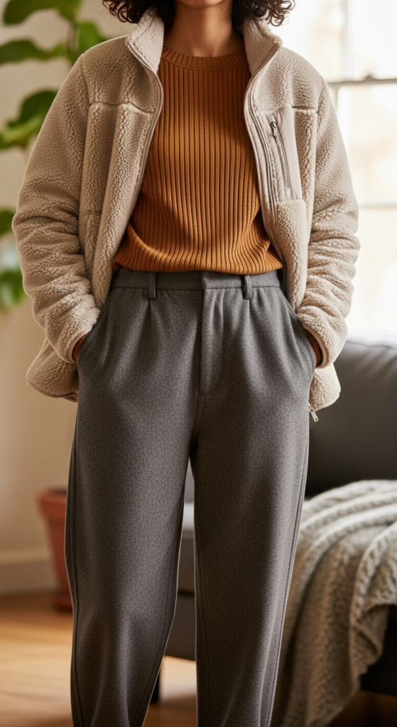 Fleece Jacket + Ribbed Top + Relaxed Trousers