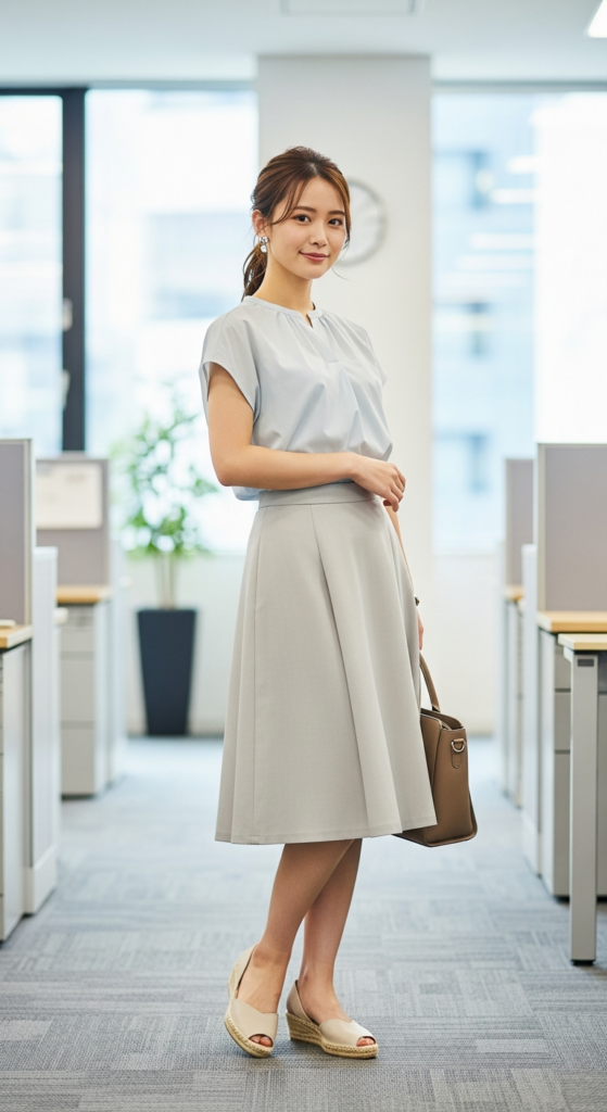 Knee-Length Skirt with Cotton Blouse