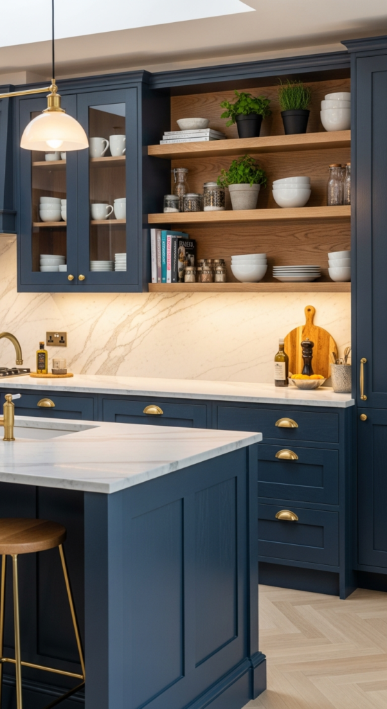 Navy Blue Cabinets with Warm Wood Accents - Blue Kitchen Ideas