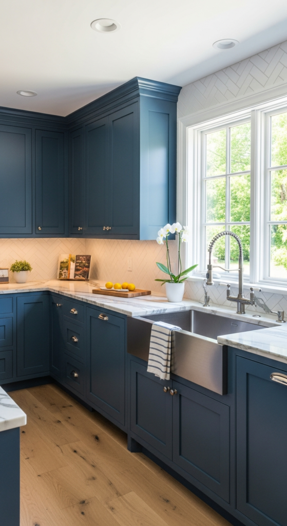 Blue Kitchen with Natural Stone Elements
