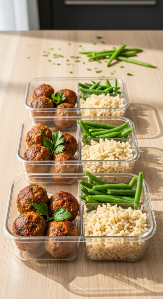 Turkey Meatballs with Brown Rice and Green Beans