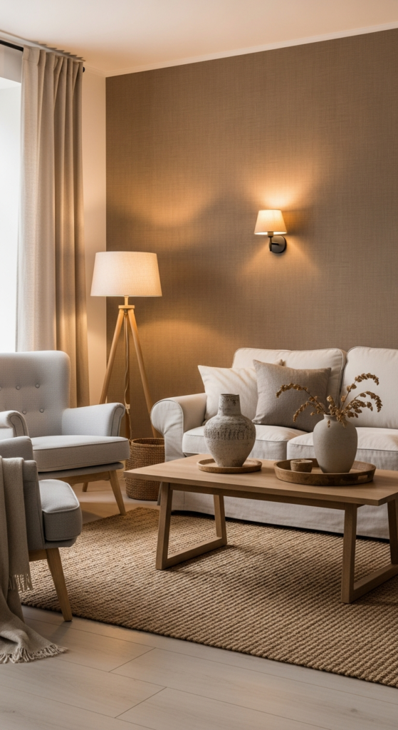 Soft Brown Linen-Effect Wallpaper