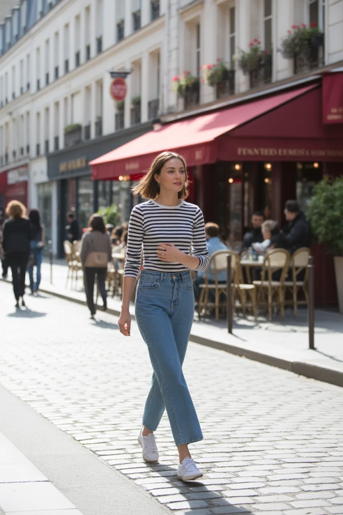 Striped Breton Top with High-Waisted Jeans - Parisian Chic Outfits